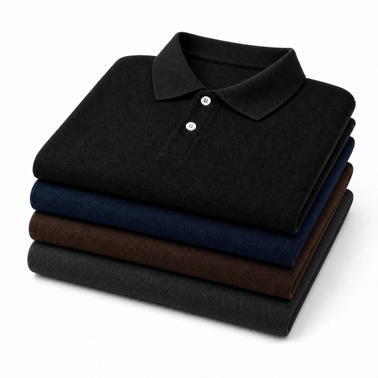 Avriqo Polo 4-Pack — black, blue, brown and charcoal grey polos folded