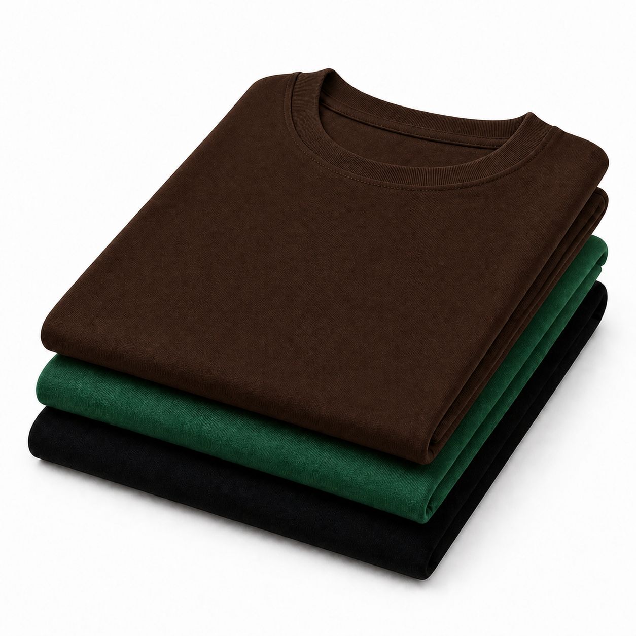 Avriqo T-Shirt 3-Pack — brown, green and black regular-fit tees folded in a stack